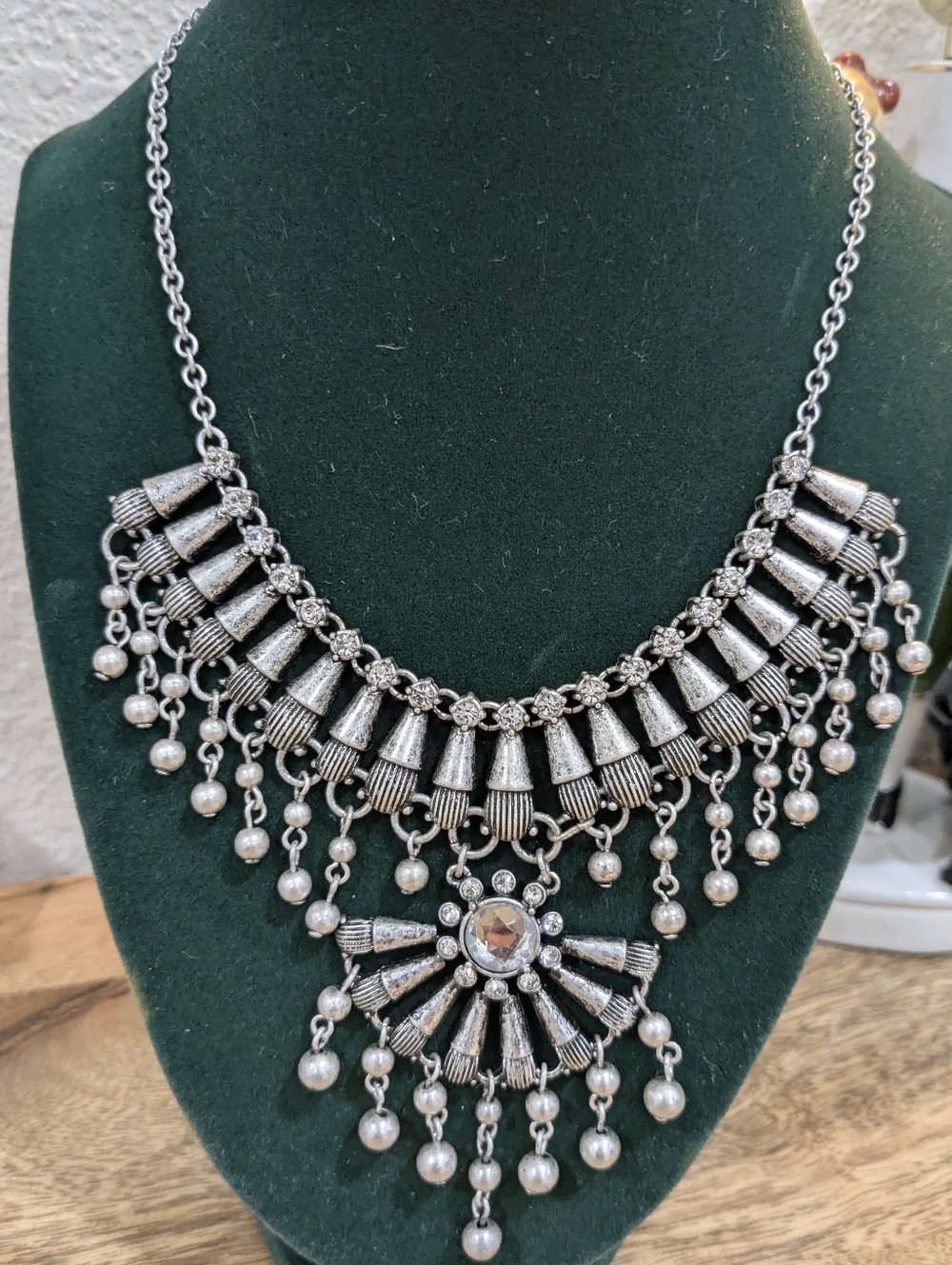 Bohemian Silver-Tone Statement Necklace with Rhinestones